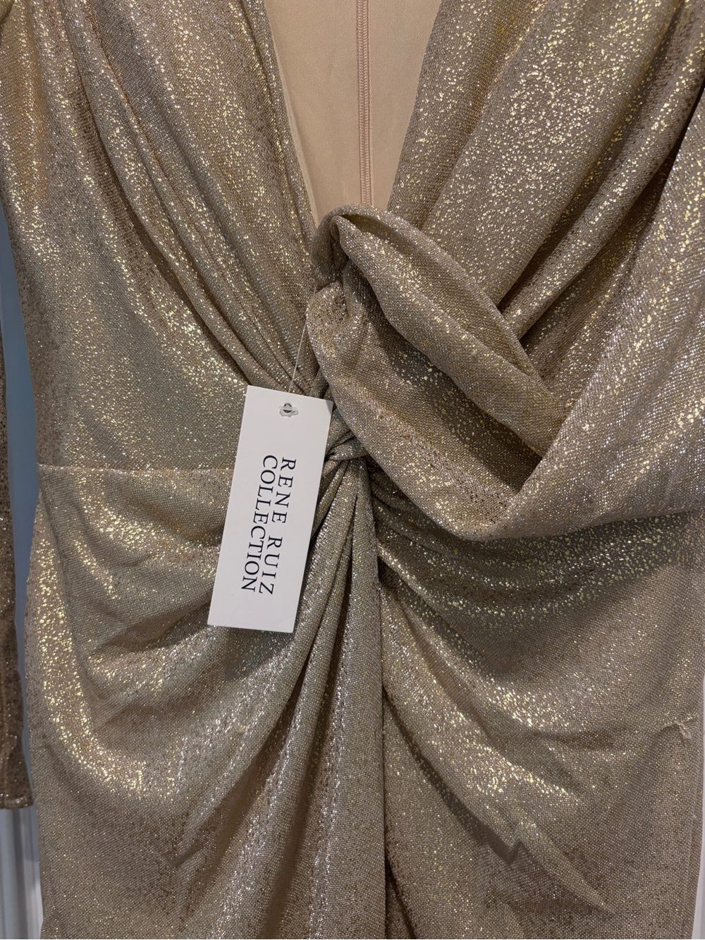 Rene Ruiz Metallic Gold Twist-Front Long Sleeve Dress